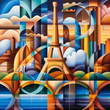 Abstract geometric cityscape with Eiffel Tower reflection at dusk.