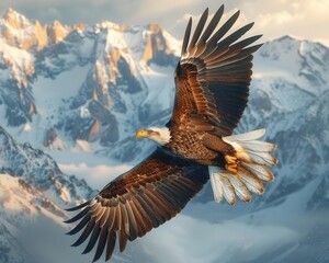 Majestic eagle soaring above mountain peaks vibrant sky detailed feathers natural world photo realistic wide angle
