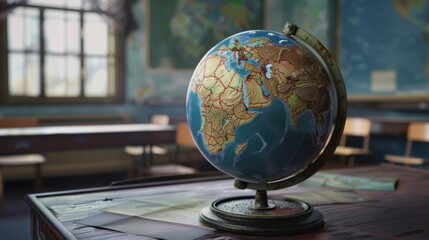 Detailed globe resting on a desk in a classroom