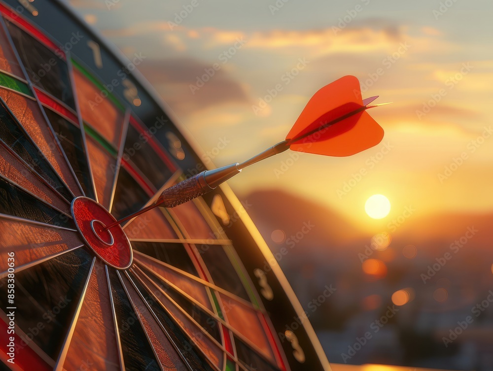 Poster close up red dart arrow hitting target center dartboard on sunset background. business targeting and