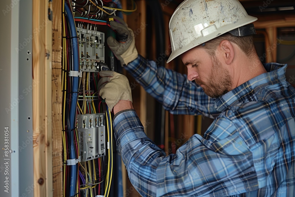 Poster an electrician wearing safety gear works on exposed wiring in an open wall during a construction pro