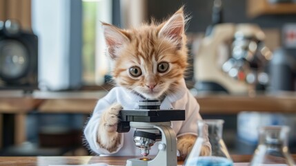 Kitten scientist using a microscope in a laboratory
