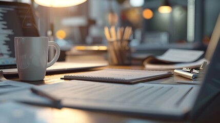 Close-up of a high-detailed desk workspace with neatly arranged stationery, focus stacking on a laptop, notepad, and coffee mug, all captured in ultra-high definition with a blurred background