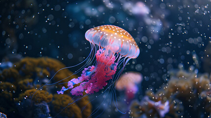 Fototapeta premium jellyfish with bright colors in the dark ocean