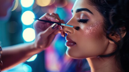 Obraz premium indian woman receiving professional makeup application beauty salon cosmetic treatment glamorous makeover scene