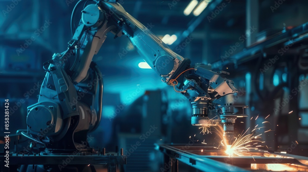 Poster industrial robotic arm performing precise welding operation aigenerated factory automation