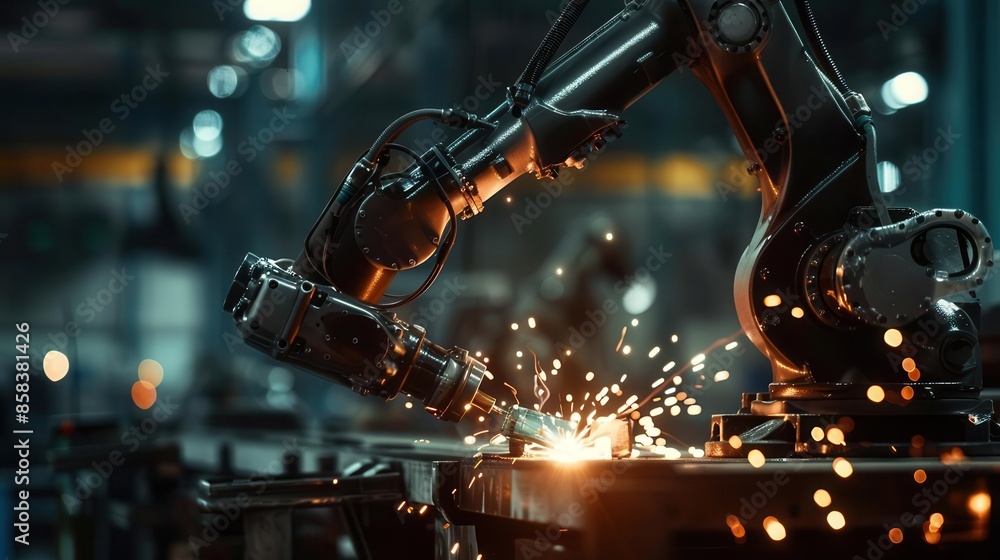 Poster industrial robotic arm performing precise welding operation aigenerated factory automation