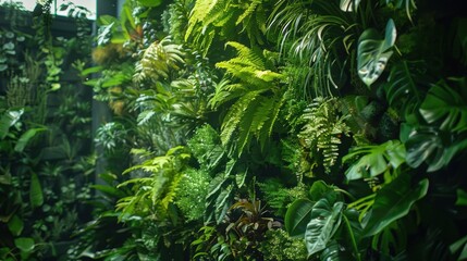 Lush green living wall with variety of plants in a modern building