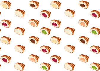 Seamless pattern with Croissant cut with chocolate, apricot,cherries, pistachio, empty and cream. Vector Illustration. Delicious themed bakery and desserts.