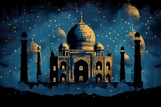 Islam. Magical oriental night on picture. illustration of fantastic night in oriental palace with golden stars.