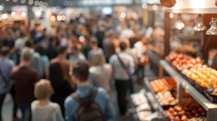 Obraz premium Blurred view of a bustling marketplace with people shopping and browsing stalls.