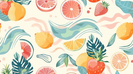 Summer patterns with soft colors, featuring tropical fruits and waves for a relaxing vibe