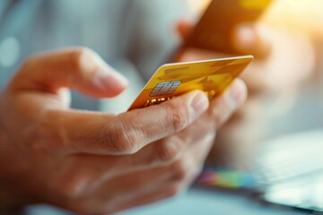 Close-up of hands holding a credit card and smartphone, making a purchase online.