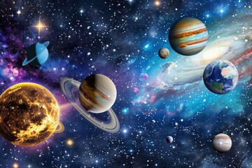 A colorful picture of the solar system and space with surrounding planets. Planets of different sizes and colors