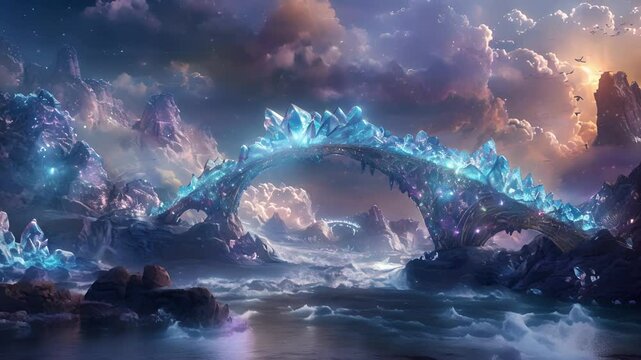 A bridge of sparkling crystals and jewels seemingly held together by magic arches over the churning waters.