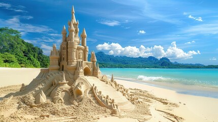 Fototapeta na wymiar intricate sand castle sculpture on tropical beach summer vacation art