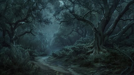 Moonlit forest path winding through gnarled trees