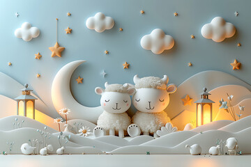 3d Eid-ui- adha  background. Islam podium banner decoration with moon, crescent and gold mosque. Empty stand for product presentation, muslim signs, eid mubarak. Vector modern render isolated elements