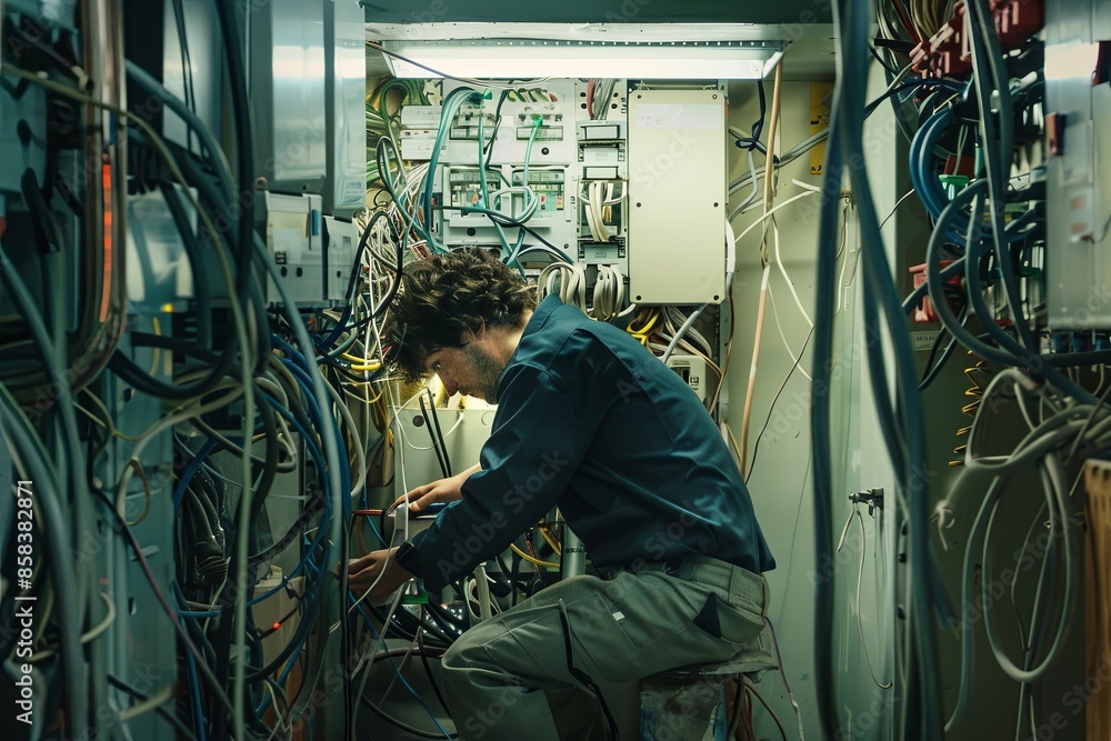 Poster an electrician navigates the cables and connectors inside an open wall, highlighting the technical a