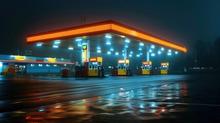 Fototapeta premium A petrol station at night, illuminated by bright lights and neon signs, against a dark background creating contrast and leaving space for additional text or branding 