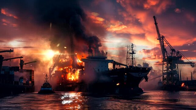 Burning ship scene animation video looping motion 