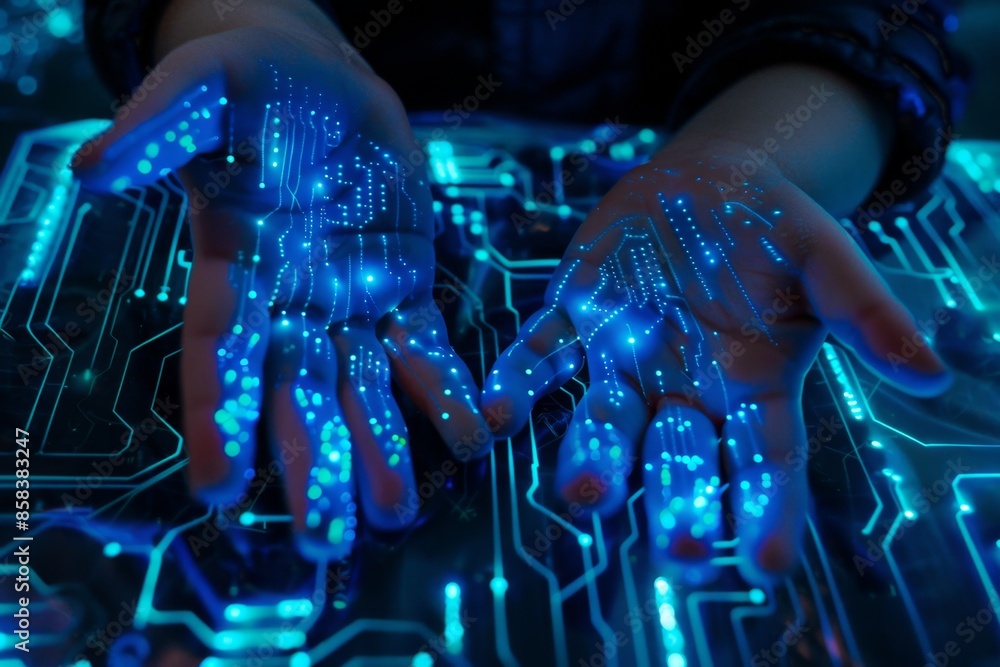 Poster pair of hands with glowing circuits underneath them are touching a futuristic circuit board with dat