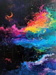 Abstract Vibrant Stars Cosmic Night Sky Dark Hues Vivid Astral Galactic Space Art.