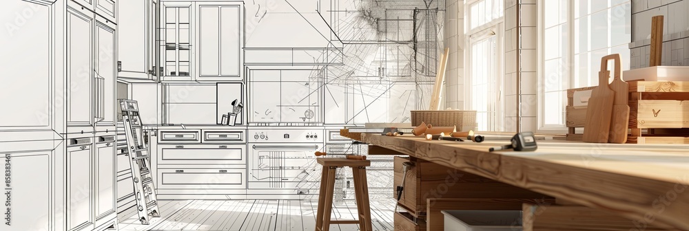 Poster a modern kitchen under renovation, with new cabinets being installed and countertops in progress, sh