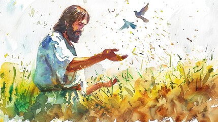 jesus christ teaching the parable of the sower scattering seeds watercolor illustration