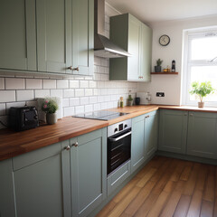 pastel green country style kitchen cabinet  in airy many windows opened get  sun light and wind ifrom outside 