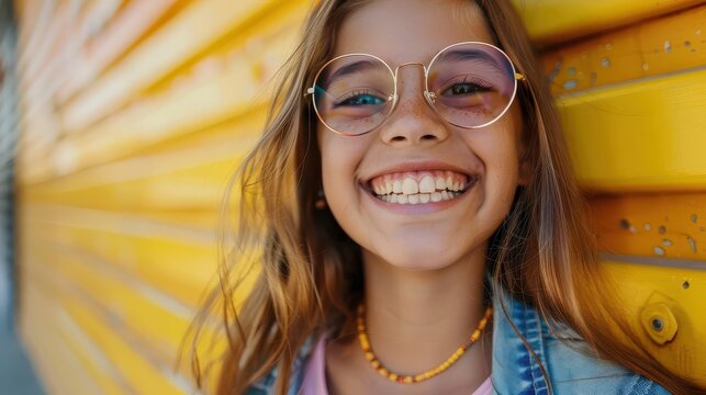 jeune fille adolescente souriante avec appareil dentaire et lunettes de vue