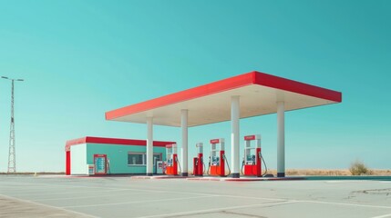 Naklejka premium A modern petrol station with multiple fuel pumps and a convenience store, set against a clear blue sky or neutral background, leaving ample space for text or branding