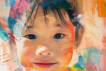 Portrait of a smiling young girl with a colorful painted brush stroke background, expressing concepts of childhood, happiness, and creativity