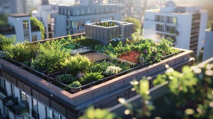 Lush rooftop garden thrives in the citys heart during a sunny day