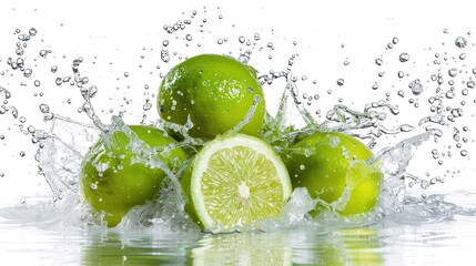 limes splashing in water citrus fruit healthy food isolated on white concept photo