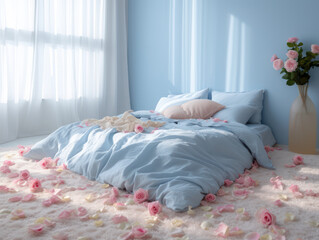 high ceiling blue bedroom with lot of light thru the big glass windows with pink flowers pedals 