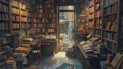 Obraz premium Vintage bookstore interior with sunlight streaming through doorway