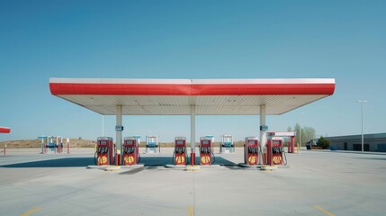 Fototapeta premium A gas station with multiple fuel pumps, set against a clear blue sky or neutral background, leaving ample space for text or branding