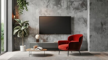 living room with tv wall mount and red armchair mockup