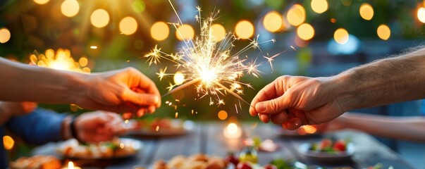 Hands holding sparklers at a festive outdoor dinner party with lights creating a warm, inviting atmosphere, 4th of July BBQ