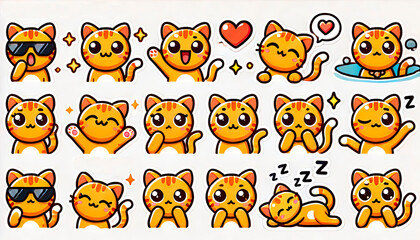 Fototapeta premium Cute cartoon cat stickers with various expressions and poses, perfect for children’s products, educational materials, merchandise, stationery, and playful designs.