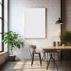 3d render of the industrial  loft apartment with white, bricks, grey and black iron elements , the theme of old factory is renovated to be an office with solid white board as the frame work graphic 