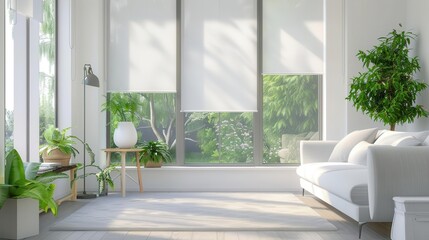 Fototapeta premium living room with white roller blinds houseplant and sofa bright interior design 3d render