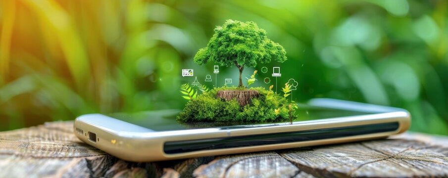 Innovative gardening app featured on a phone with a vibrant green tree overlay. Optimized for nature lovers