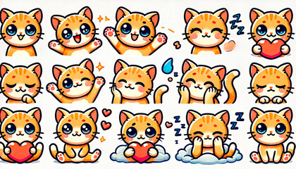 Obraz premium Cute cartoon cat stickers with various expressions and poses, perfect for children’s products, educational materials, merchandise, stationery, and playful designs.