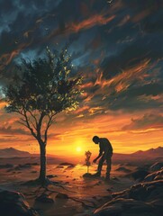 Fototapeta premium Man plantingtree indesert at sunset, realistic nature landscape photo.