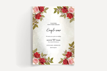 WEDDING INVITATION FRAME WITH FLOWER DECORATIONS AND FRESH LEAVES 