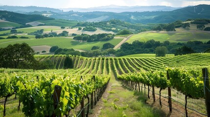 Naklejka premium lush vineyard showcasing fine wine production against scenic landscape wine country photo