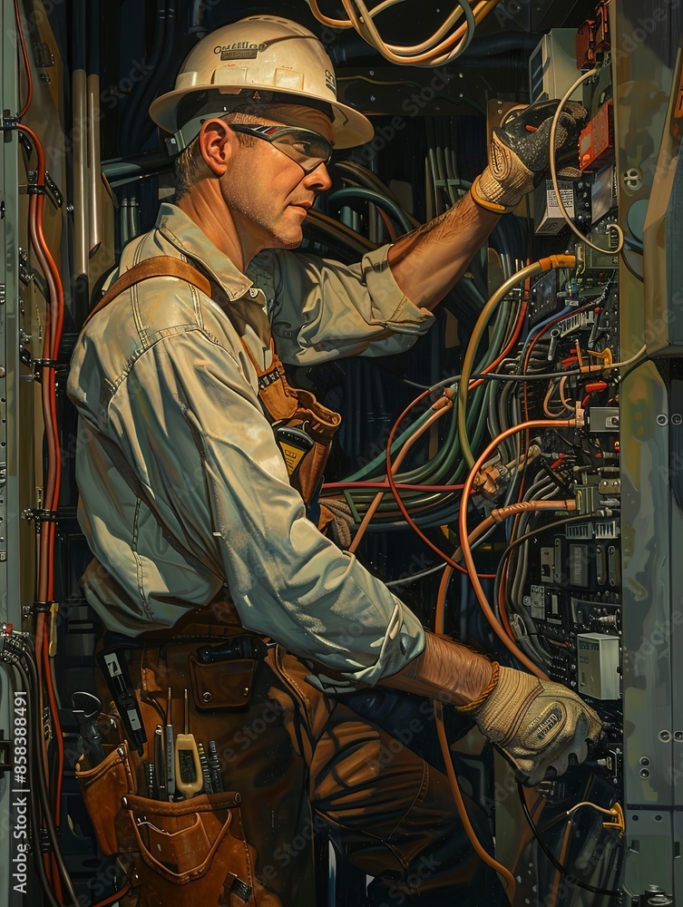 Poster electrician in safety gear and gloves is focused on electrical wiring inside an open wall, surrounde