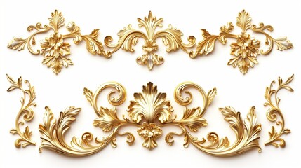 Golden baroque ornament elements isolated on white transparent background